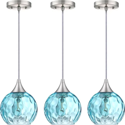 Miniatura 14 de Lámpara colgante de barra de vidrio azul con textura de 6.3 pulgadas, paquete de 3 lámparas colgantes de techo con acabado negro, moderna casa