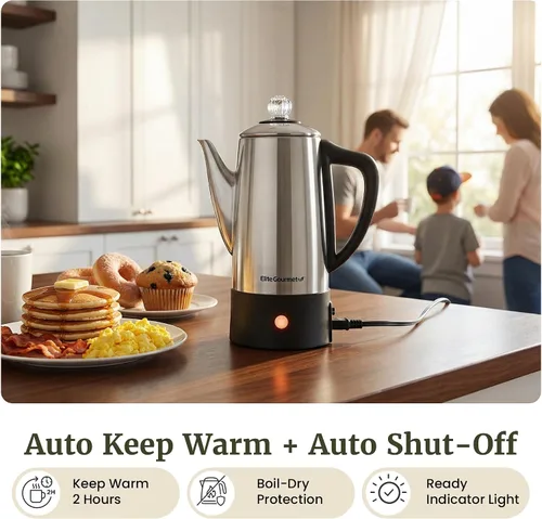 Miniatura 7 de Elite Gourmet EC140 Cafetera eléctrica de 6 tazas con función de mantener caliente, perilla de progreso de preparación transparente, mango de tacto