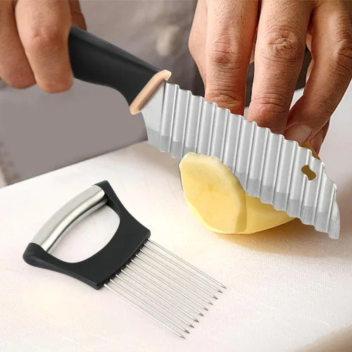 Miniatura 9 de Cuchillo de corte arrugado, mango de goma, cortador de papas fritas de acero inoxidable con soporte para cebolla, cuchillo para cortar ensalada