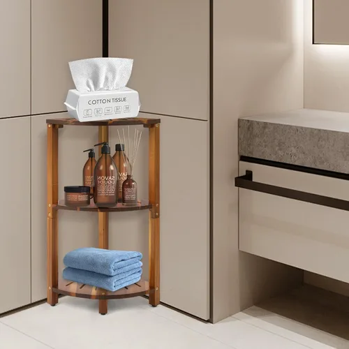 Miniatura 5 de IBosins Organizador de ducha esquinero de 3 niveles para baño, estante para ducha interior, organizador de madera de acacia natural y almacenamiento