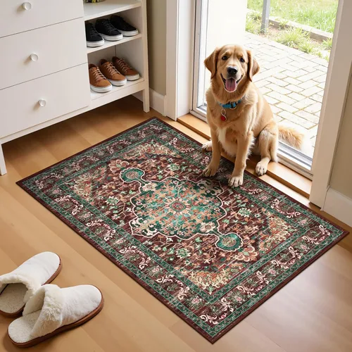 Miniatura 118 de U'Artlines Alfombra de Área Bohemia Lavable, 2x3 Pequeña Suave Antideslizante Vintage Felpudo para Puerta Frontal Interior Alfombra Verde