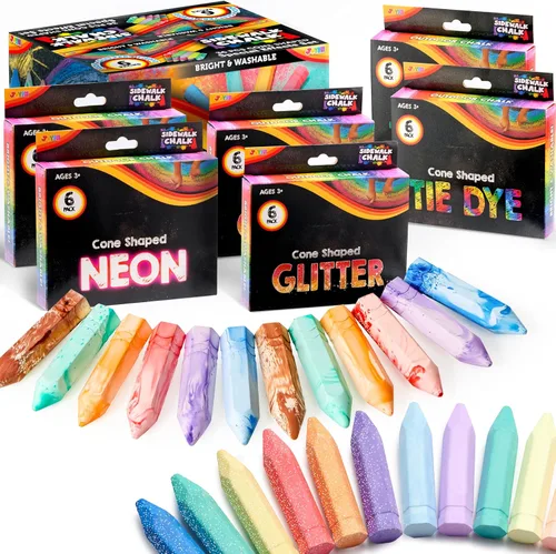 JOYIN Juego de 36 tizas lavables para acera en 6 paquetes, 18 colores, incluyendo 12 teñido anudado, 12 purpurina y 12 tizas de color neón para