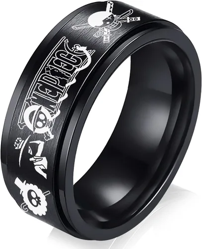 Anillo de anime de una pieza de acero inoxidable negro para hombres, anillo de anime Luffy para niños, joyería de anime de 0.315in, Acero