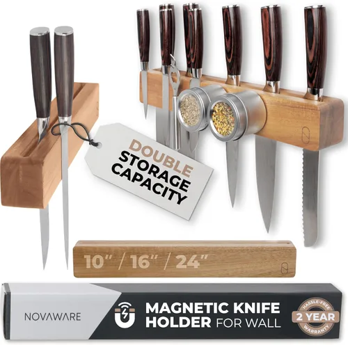 Miniatura 10 de Soporte magnético para cuchillos de 24 pulgadas para pared con 2 almacenamiento y madera encantadora, tira magnética para cuchillos, almacenamiento