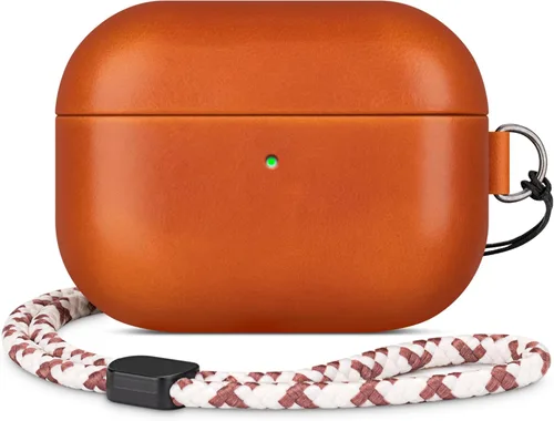 Funda de cuero RIXENY compatible con AirPods Pro 2, botón de sincronización, diseño con clip en D con cordón de mano, funda de cuero genuino para