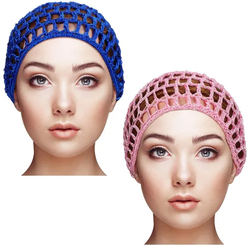 Miniatura 7 de Geyoga 2 piezas de red de ganchillo para el cabello, gorro de punto de rayón, cubierta de moño, gorro de ducha tejido para dormir para mujeres