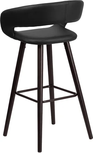 Miniatura 7 de BizChair 29"H Cappuccino Wood Rounded Open Back Barstool in Black Vinyl