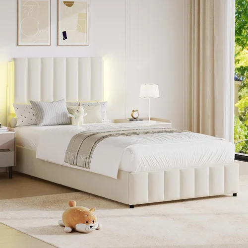 Miniatura 10 de REVOMINCA Base de cama tapizada individual con luces LED, plataforma de piel sintética con cabecera y soporte de listones de madera, no necesita