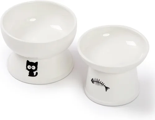 FOREYY - Juego de cuencos elevados para comida y agua para gatos, cuencos elevados de cerámica para gatos con anillo antideslizante, antivómitos de