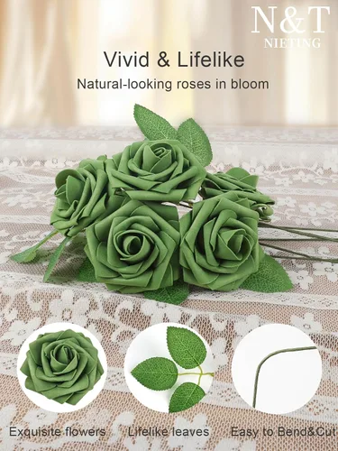 Miniatura 7 de N&T NIETING 25 unidades de flores artificiales, Rosas de espuma artificial de sensación real al tacto, decoración para boda, dama de honor, ramo