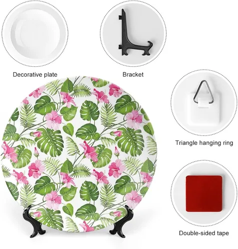 Miniatura 3 de XISUNYA Plato decorativo de 6 pulgadas, plato llano de hojas, hibisco hawaiano, cristal rosa, flor de palmera, estampado de hojas de palmera, adorno