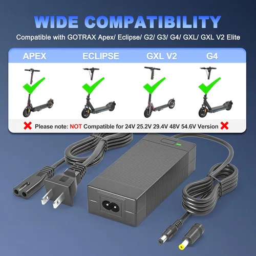 Miniatura 3 de Cargador de scooter de 42V 2A compatible con Gotrax GXL V2, G2, G3, G4, Apex, Eclipse, Rival, XR Elite, Tour XP, fuente de alimentación eléctrica