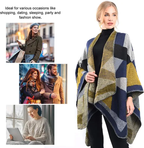 Miniatura 7 de OOPOR Chal cálido de invierno para mujer, capa de lana de punto para otoño, ponchos a cuadros, suéter, bufanda de forro polar