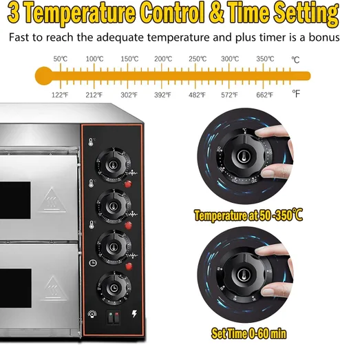 Miniatura 6 de Shikha Horno de pizza comercial de 16 pulgadas, doble cubierta, 3000 W, 110 V, horno eléctrico multiusos, tostadora para hornear, asador, capacidad