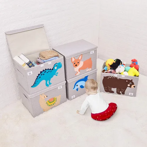Miniatura 6 de Baúl de juguetes plegable grande para niños con tapa abatible, organizador de almacenamiento de juguetes de animales de tela Dinosaurio