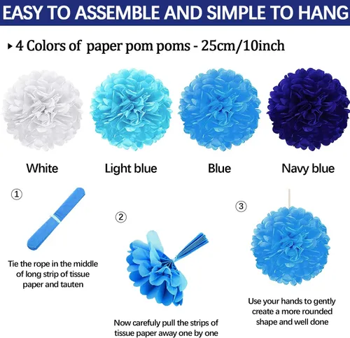 Miniatura 6 de 23 piezas de decoraciones de fiesta de cumpleaños azules para niños y hombres, bola de panal azul marino real azul claro, abanicos de papel