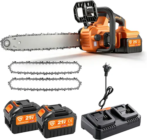 Motosierra inalámbrica de 42 V y 16 pulgadas con 2 baterías de 4.5 Ah y cargador rápido doble, motosierra eléctrica sin escobillas, tensado sin