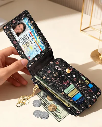Miniatura 5 de Cartera delgada pequeña para tarjetas para mujeres – Linda cartera con llavero con bloqueo RFID que sostiene 7 tarjetas, diseño de moda de cuero