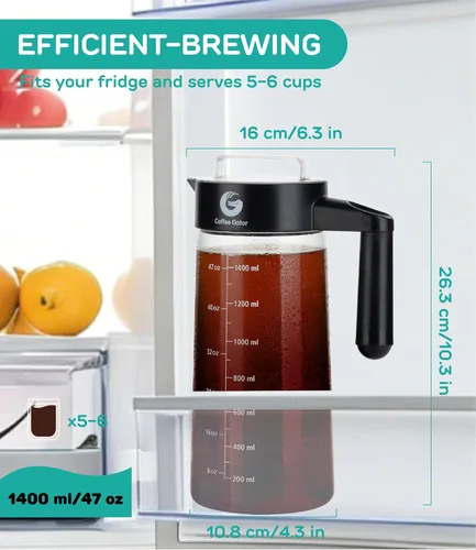 Miniatura 2 de Coffee Gator Cafetera de café frío de 47 onzas, cafetera helada y jarra con jarra de vidrio de borosilicato, filtro, color negro