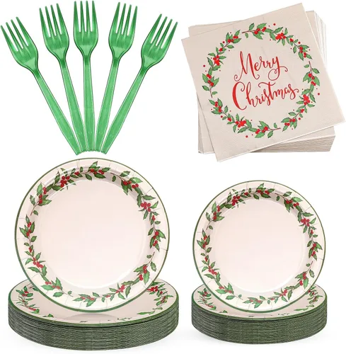 Miniatura 7 de Lounsweer 96 piezas de suministros para fiestas de Navidad, platos de papel y servilletas, juego de vajilla desechable, incluye platos de Navidad