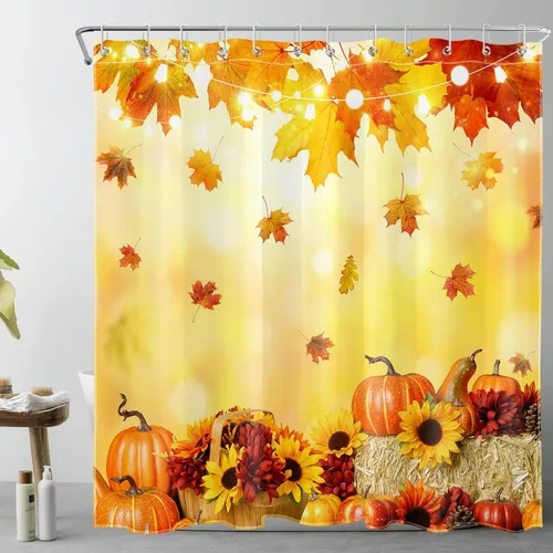 Miniatura 19 de LB Cortina de ducha de flores blancas y moradas para baño, lindo pájaro y hojas de otoño sobre tela beige con ganchos, juego botánico floral