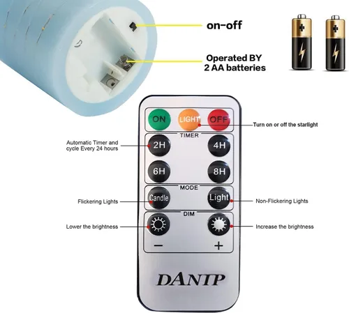 Miniatura 6 de DANIP - Vela LED sin llama azul cielo, con cuerda de estrella integrada, juego de 3 velas LED, con control remoto de 11 botones, función de Sky