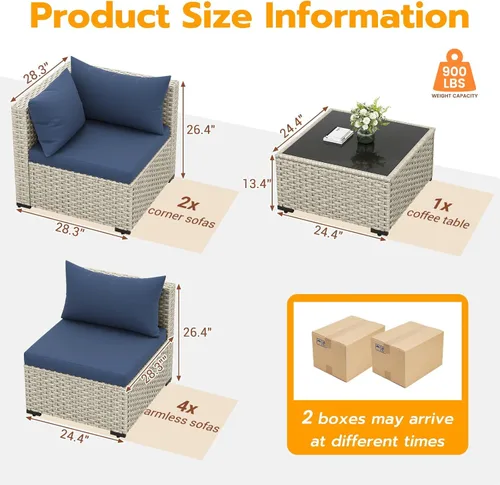 Miniatura 6 de UDPATIO Juego de muebles de patio al aire libre, sofá modular de 7 piezas con mesa de té, juego de conversación al aire libre de mimbre PE para Azul