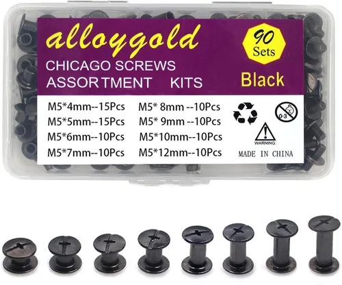 ALLOYGOLD Tornillos Chicago de color negro pistola, remaches de cuero surtidos, 8 tamaños de remaches de tornillo, tornillos Chicago para decorar y