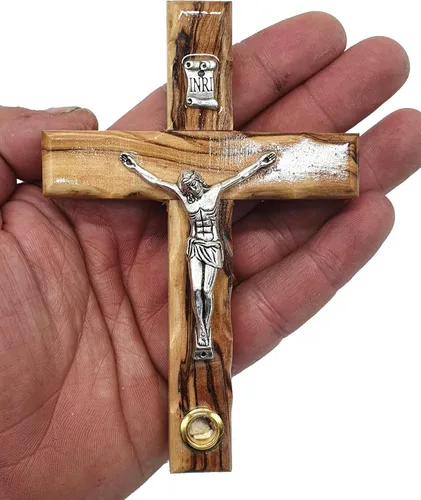 Miniatura 12 de Zuluf Cruz latina de madera de olivo de 7.8 "con crucifijo chapado en plata, regalo de pared cristiana de Belén Tierra Santa CRS064