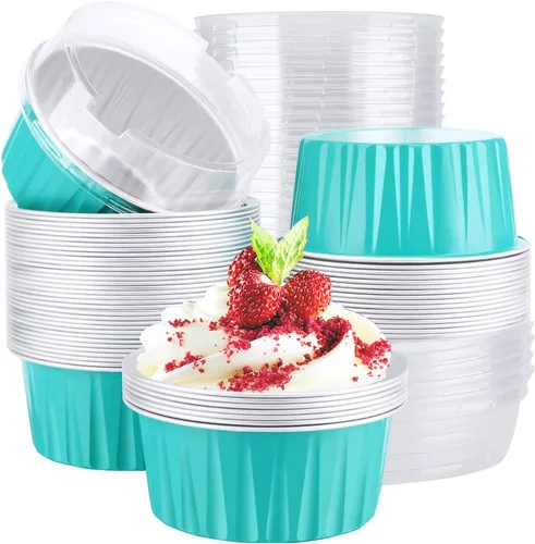 Miniatura 26 de EUSOAR Moldes de Papel de Aluminio para Hornear, 5oz 50 piezas Moldes Reutilizables para Cupcakes con Tapas, 3.34x2.59x2.35 pulgadas 125ml Moldes