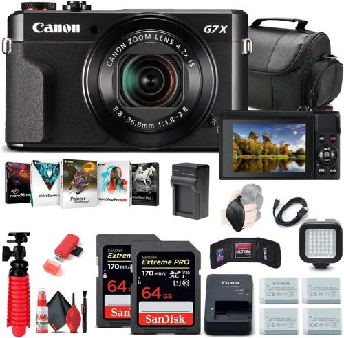 Canon PowerShot - Cámara digital G7 X Mark II (1066C001), 2 tarjetas de 64 GB, 3 baterías NB13L de repuesto, software de fotografía Corel, cargador,