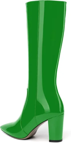 Miniatura 168 de AMBELIGHT Botas altas hasta la rodilla con cremallera y puntera puntiaguda para mujer, de patente sólida, tacón alto, 3.3 pulgadas