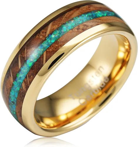100S JEWELRY Anillos de tungsteno de oro de 14 quilates para hombres, barril de whisky y ópalo verde, alianza de compromiso de promesa de boda,