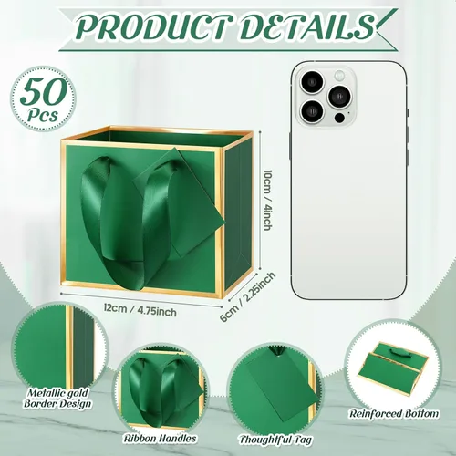 Miniatura 2 de Yeaqee 50 mini bolsas de regalo de papel de aluminio metálico con asas de 4 x 4.75 x 2.25 pulgadas, pequeña bolsa de agradecimiento con etiqueta