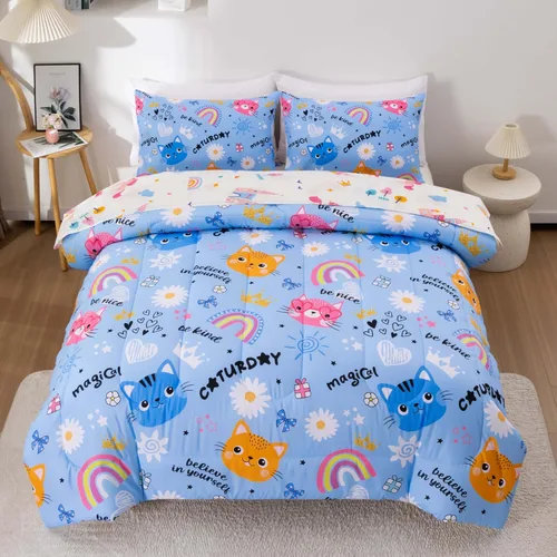 Miniatura 3 de Btargot Juego de edredón reversible de 5 piezas con diseño de gato de dibujos animados azules para niños, juego de ropa de cama con diseño de flores