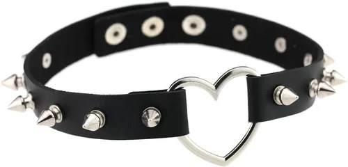 Miniatura 2 de FM FM42 Multicolor Simulated Leather PU Black-toneSilver-tone Heart Ring Rivet Spiked Necklace Neckband Choker