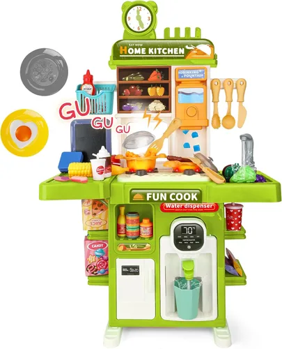 Juego de cocina de juguete mejorado para niños y niñas, juego de mini cocina con fregadero con rociador y iluminación realista, juguetes de cocina