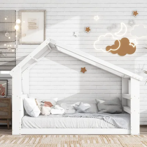 Miniatura 15 de Cama de madera de tamaño individual con cabecera en forma de casa con vallas, altura baja al suelo, para dormitorio de niños y niñas (azul claro-01)