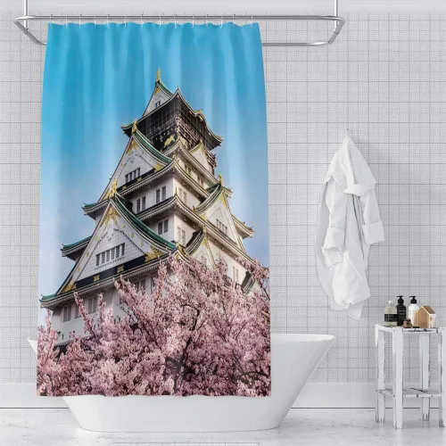 Miniatura 16 de Cortina de ducha japonesa con flores de cerezo blanco, pétalos que caen, decoración de fondo rosa, tela impermeable, cortina de baño floral