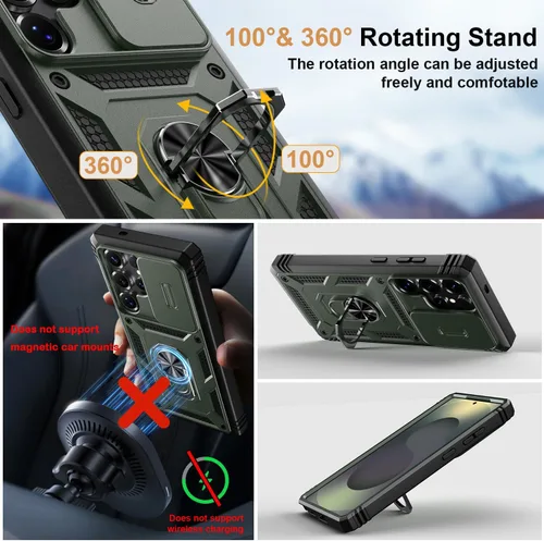 Miniatura 3 de PASNEW Funda para Samsung Galaxy S22 Ultra 5G, cubierta de cámara deslizante y soporte de dedo de metal de 360°, carcasa rígida protectora Verde