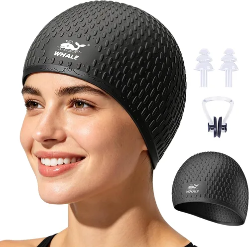 Whlae Gorro de natación extra grande, con una correa de silicona duradera y diseño de oreja impermeable, adecuado para cabello largo, cabello rizado