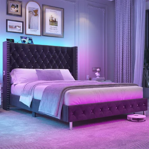 Miniatura 10 de Hlivelood - Marco de cama Queen LED tapizado con cabecera de respaldo, marco de cama tapizado con botones de diamante de terciopelo con puertos USB