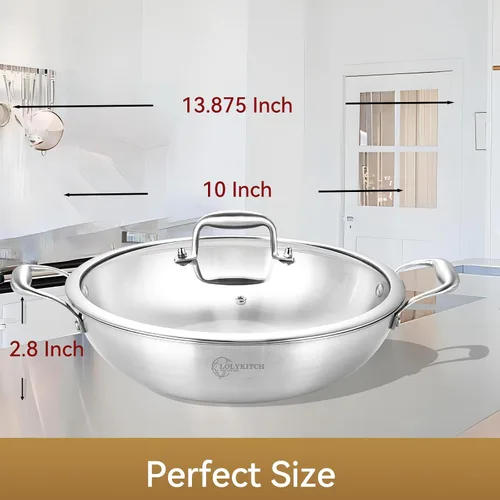 Miniatura 6 de LOLYKITCH Wok de acero inoxidable de tres capas de 10 pulgadas con tapa, olla de cocción de inducción de 2.5 cuartos de galón, apta