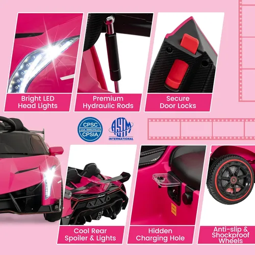 Miniatura 7 de Costzon - Automóvil de paseo rosa Lamborghini para niños, vehículo eléctrico con licencia de 12 V con tracción en las cuatro ruedas, control remoto