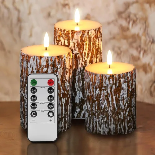 Miniatura 11 de Eywamage Velas de pilar sin llama de corteza de abedul con control remoto, velas LED rústicas parpadeantes con batería, juego de 3 Top plano