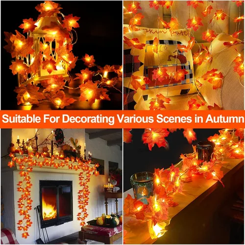 Miniatura 6 de TURNMEON Paquete de 2 decoraciones de Acción de Gracias con hojas de arce agrandadas, luces totales de 20 pies y 40 LED, decoraciones de otoño