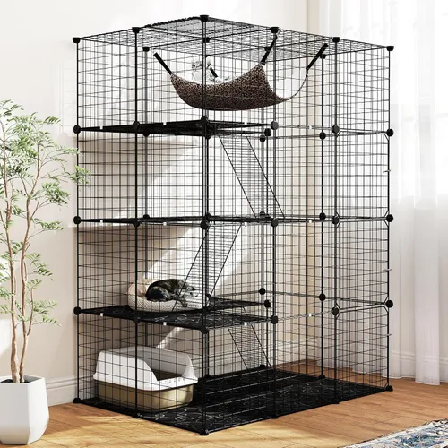 Tangkula Jaula para Gatos de Interior, Recinto Grande para Gatos de 4 Niveles de 56" con Tragaluz, Hamaca, 3 Escaleras, Perrera de Alambre Metálico