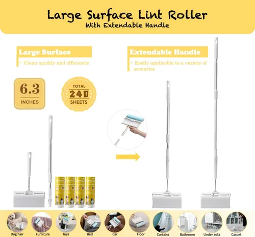Miniatura 4 de Rodillo de pelusa de superficie grande extra adhesivo con mango largo extensible a prueba de polvo, 6.3 pulgadas más ancho, 240 hojas, rodillos