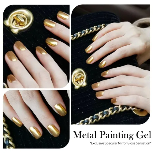 Miniatura 3 de Esmalte de uñas de gel de pintura metálica dorada de 0.3 fl oz, esmalte de uñas de gel metálico espejo 3D, flores/líneas de dibujo de gel metálico