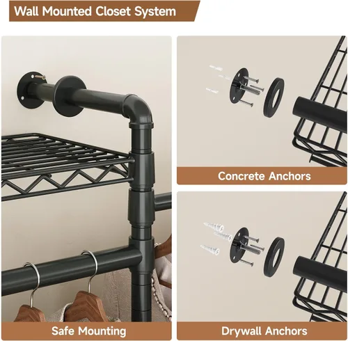 Miniatura 8 de ComfyCorner Perchero para colgar en la pared, perchero industrial de metal con 2 varillas expandibles para colgar y 6 estantes, organizadores